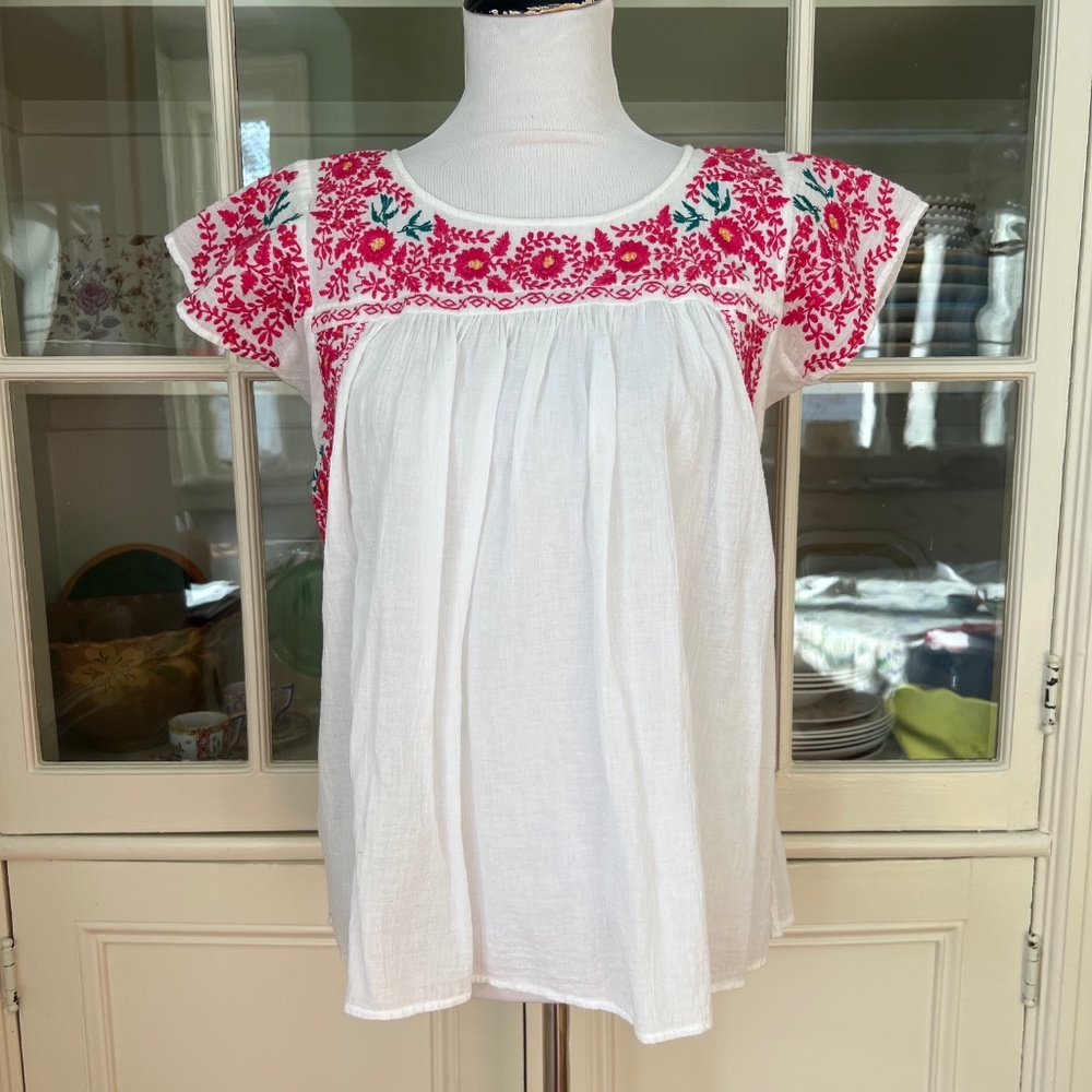 Cake Couture Embroidered Cotton Blouse, Floral Pink and White